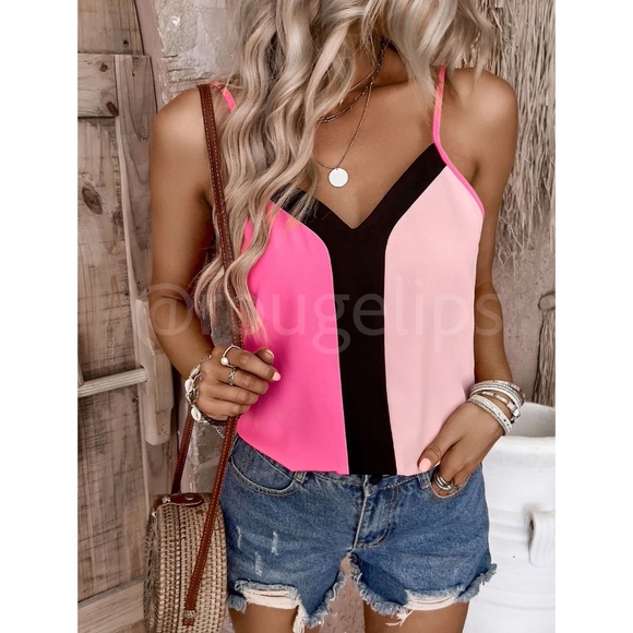 Color Block 2 Tone Pink Cami Top V-Neck Black Trim - Picture 2 of 8